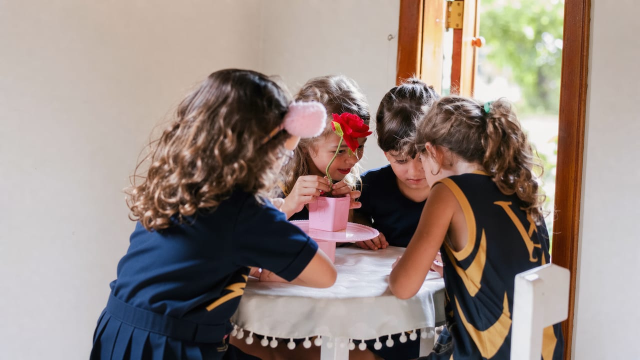 Crianças da Educação Infantil observando de perto uma rosa vermelha em volta de uma mesa